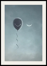 Surreal balloon with smile and crescent moon against gray sky-2