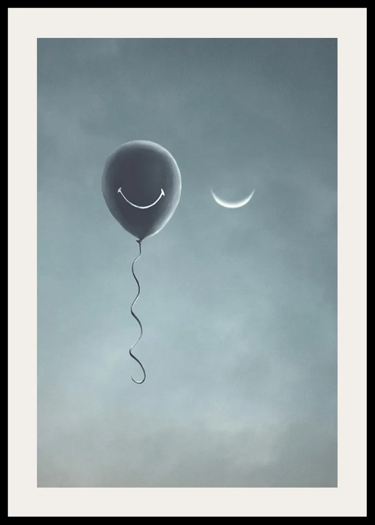 Surreal balloon with smile and crescent moon against gray sky-12