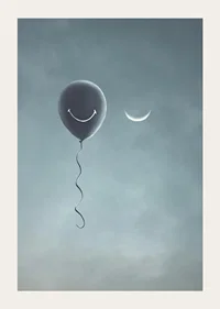 Surreal balloon with smile and crescent moon against gray sky-3