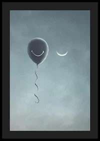 Surreal balloon with smile and crescent moon against gray sky-4