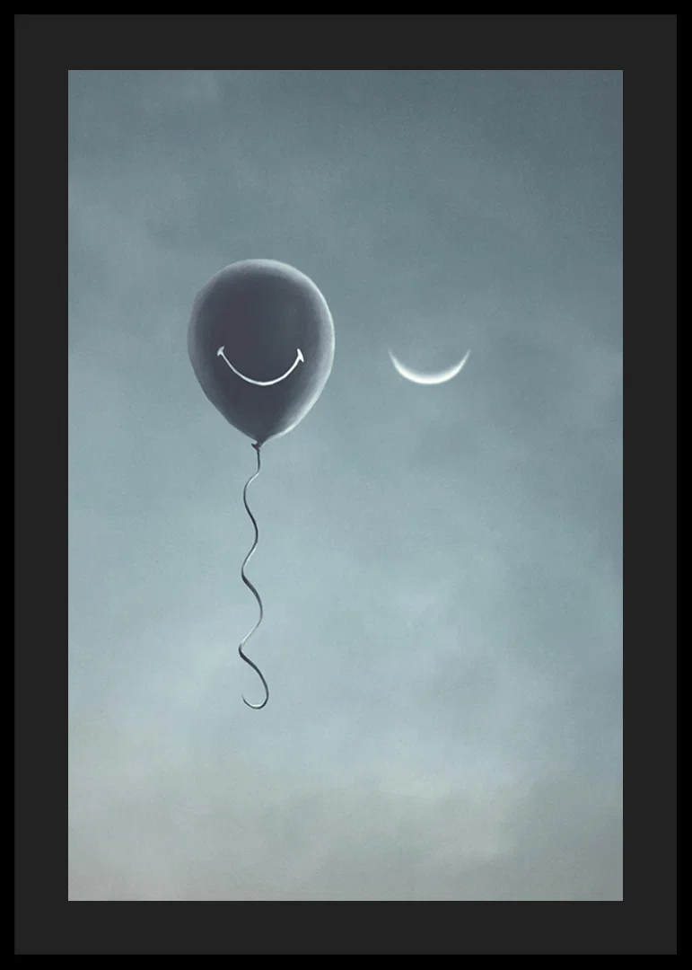 Surreal balloon with smile and crescent moon against gray sky-12