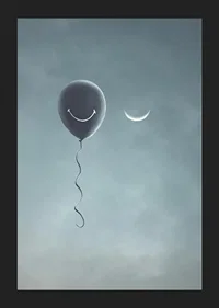 Surreal balloon with smile and crescent moon against gray sky-5