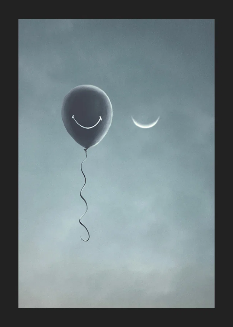 Surreal balloon with smile and crescent moon against gray sky-12