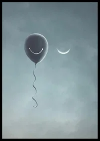 Surreal balloon with smile and crescent moon against gray sky-6