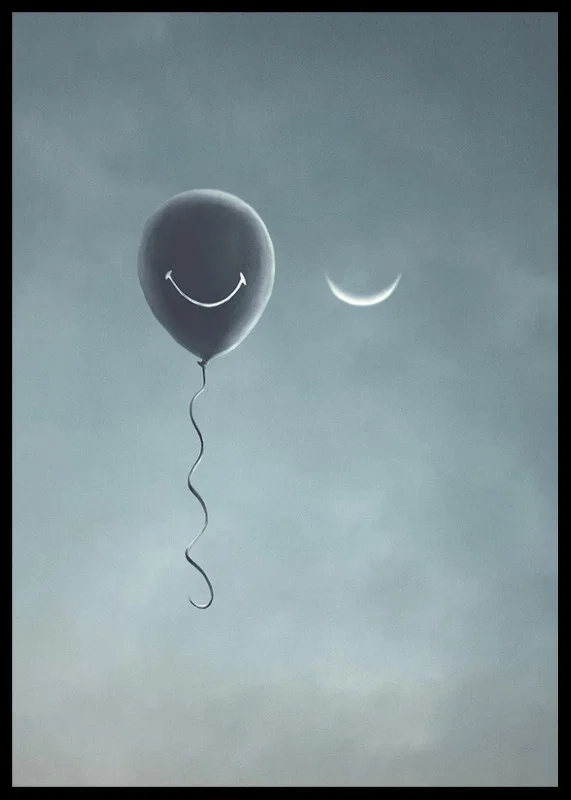 Surreal balloon with smile and crescent moon against gray sky-12