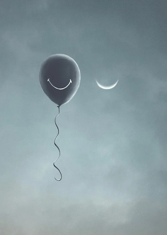 Surreal balloon with smile and crescent moon against gray sky-12