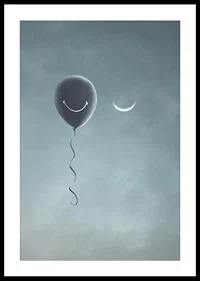 Surreal balloon with smile and crescent moon against gray sky-0