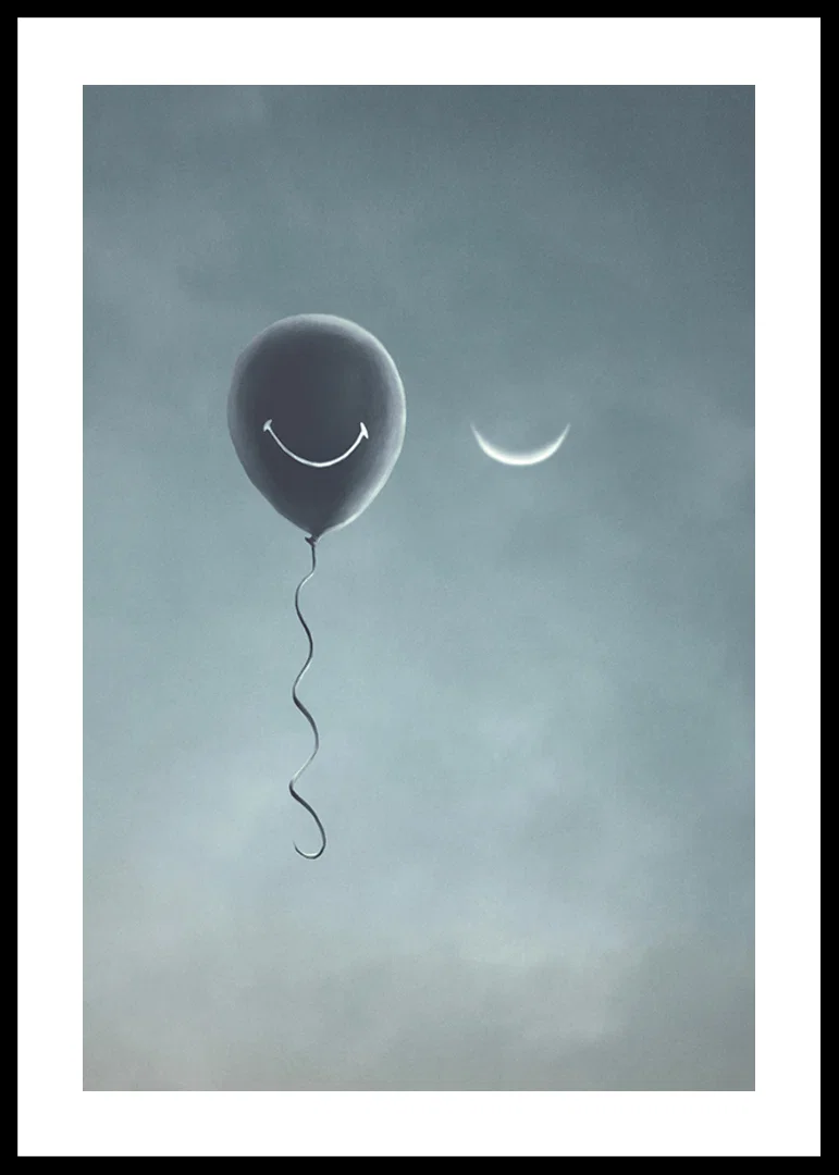 Surreal balloon with smile and crescent moon against gray sky-12