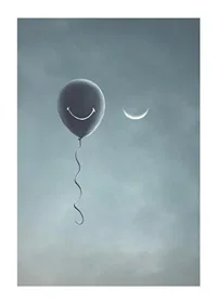 Surreal balloon with smile and crescent moon against gray sky-1