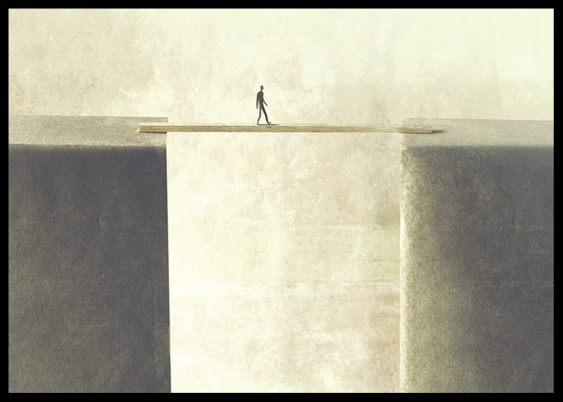 Surrealistisk illustration av person på bräda över avgrund-12