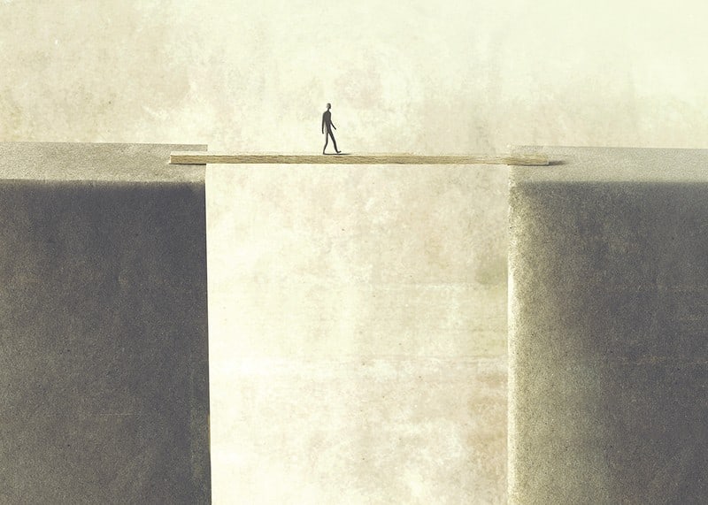 Surrealistisk illustration av person på bräda över avgrund-12