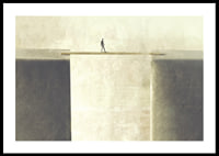Surrealistisk illustration av person på bräda över avgrund-0
