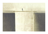 Surrealistisk illustration av person på bräda över avgrund-1
