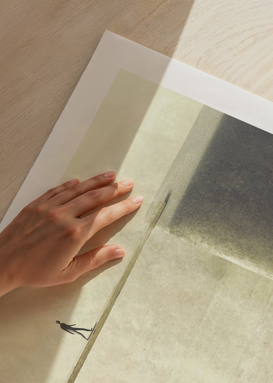 Surrealistisk illustration av person på bräda över avgrund-12