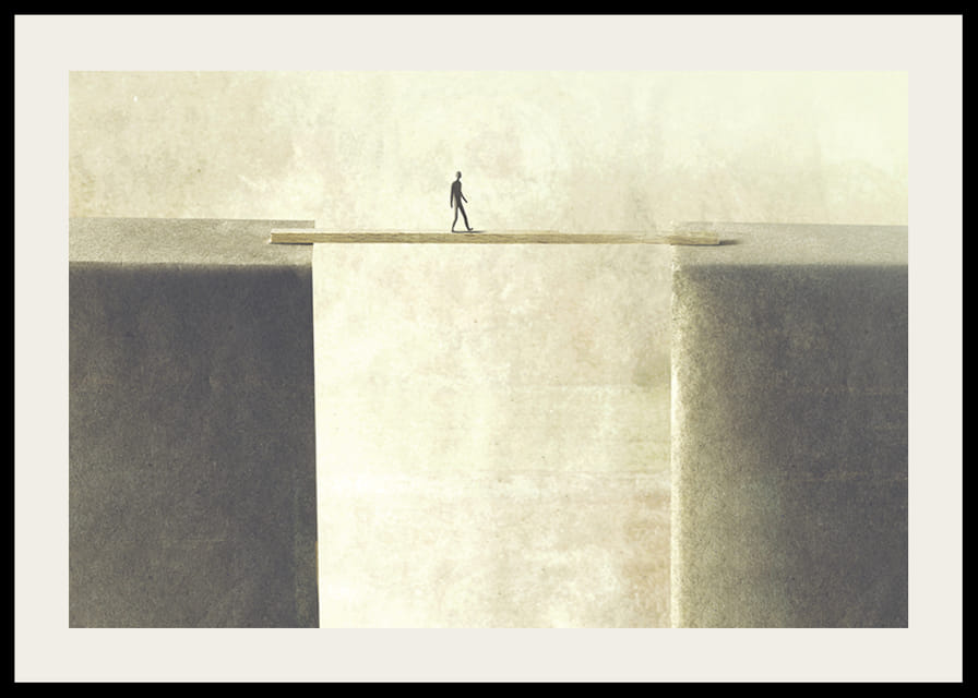 Surrealistisk illustration av person på bräda över avgrund-12