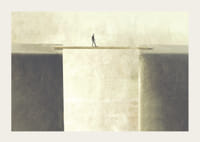 Surrealistisk illustration av person på bräda över avgrund-3