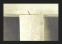 Surrealistisk illustration av person på bräda över avgrund-5