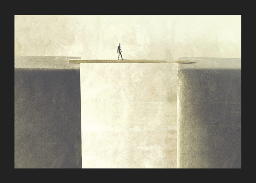 Surrealistisk illustration av person på bräda över avgrund-12