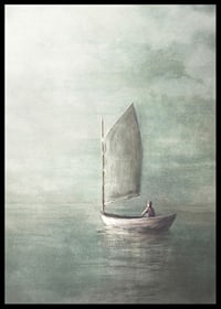 Painted sailboat with lone person on calm sea in misty colors-6