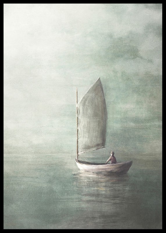 Painted sailboat with lone person on calm sea in misty colors-12