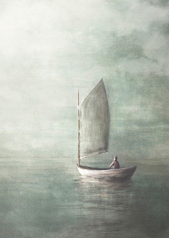 Painted sailboat with lone person on calm sea in misty colors-12