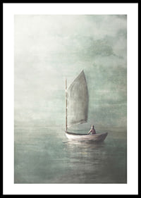 Painted sailboat with lone person on calm sea in misty colors-0