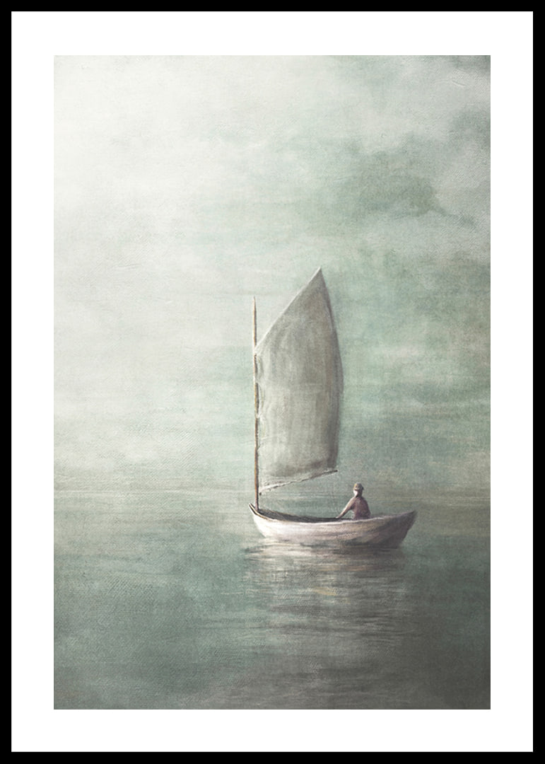 Painted sailboat with lone person on calm sea in misty colors-12
