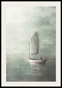 Painted sailboat with lone person on calm sea in misty colors-2