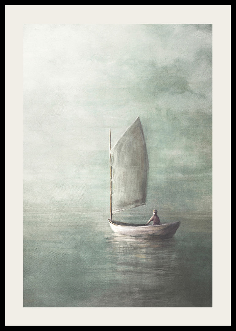 Painted sailboat with lone person on calm sea in misty colors-12