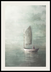 Malowany żaglowiec z samotną osobą na spokojnym morzu w mglistych kolorach-2