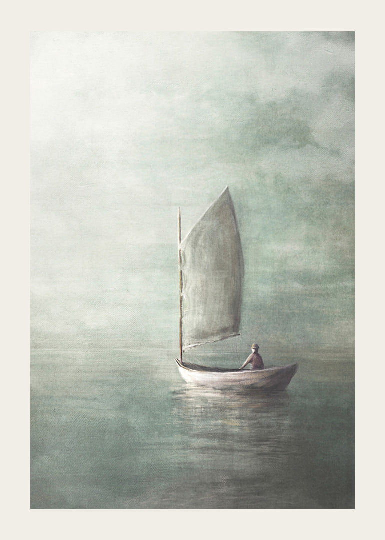 Painted sailboat with lone person on calm sea in misty colors-12