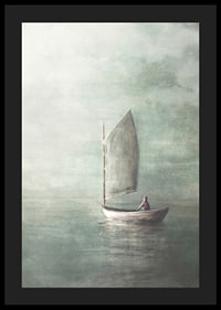 Painted sailboat with lone person on calm sea in misty colors-4