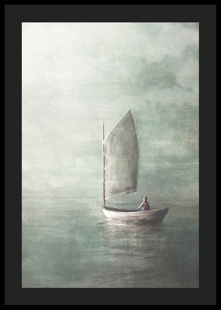 Painted sailboat with lone person on calm sea in misty colors-12