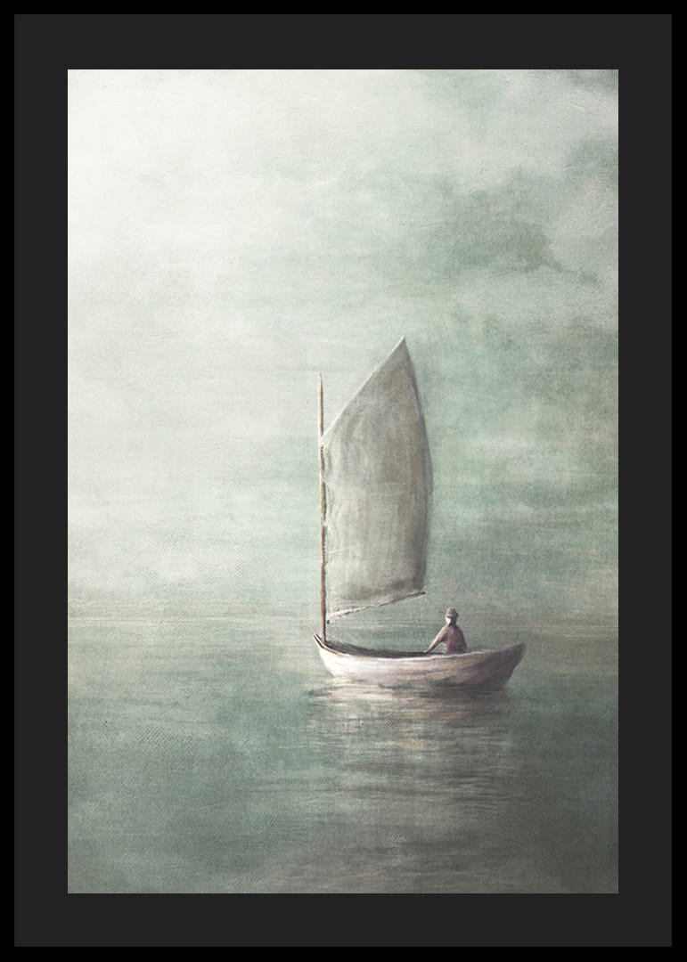 Malowany żaglowiec z samotną osobą na spokojnym morzu w mglistych kolorach-12