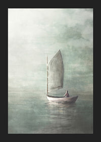 Painted sailboat with lone person on calm sea in misty colors-5