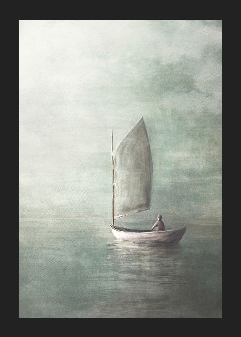 Painted sailboat with lone person on calm sea in misty colors-12