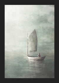 Malowany żaglowiec z samotną osobą na spokojnym morzu w mglistych kolorach-5