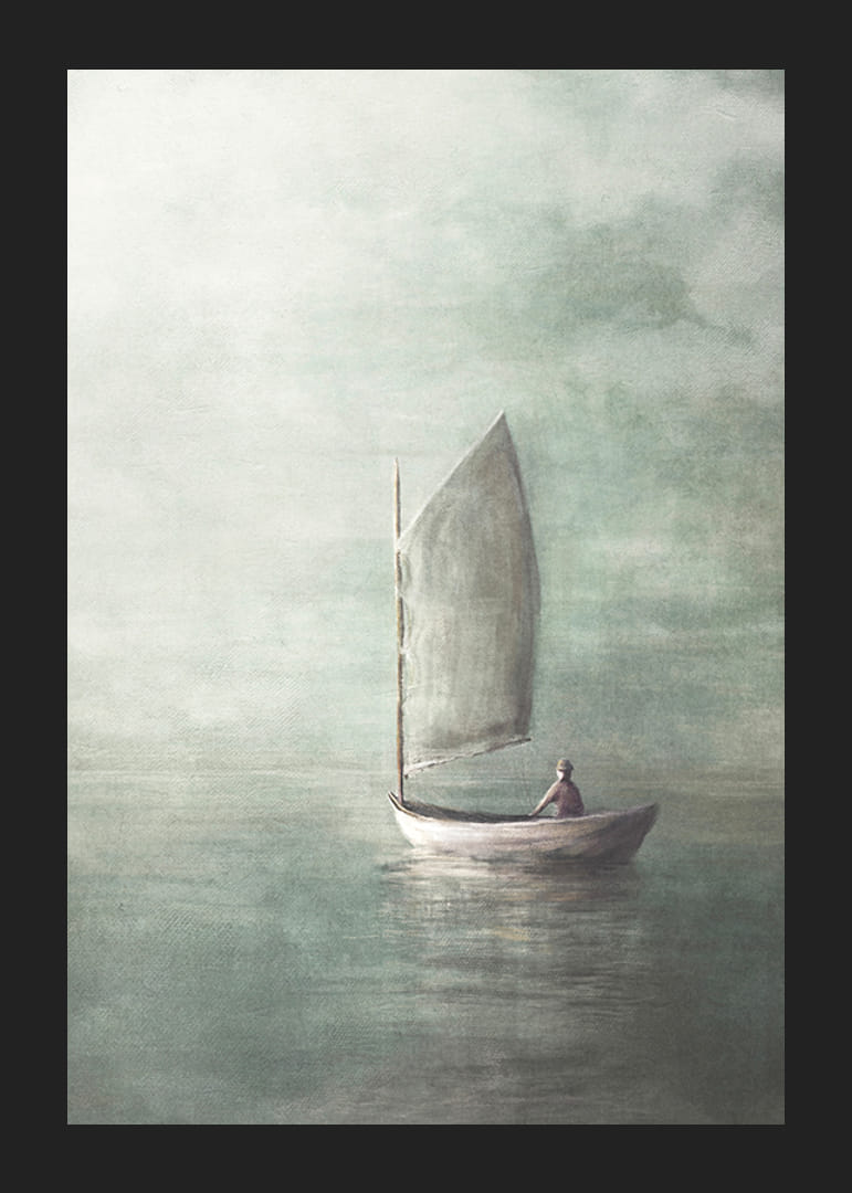 Malowany żaglowiec z samotną osobą na spokojnym morzu w mglistych kolorach-12