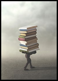 Surreal illustration of person carrying pile of books-6