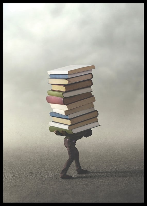 Surreal illustration of person carrying pile of books-12