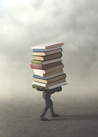 Surreal illustration of person carrying pile of books-7