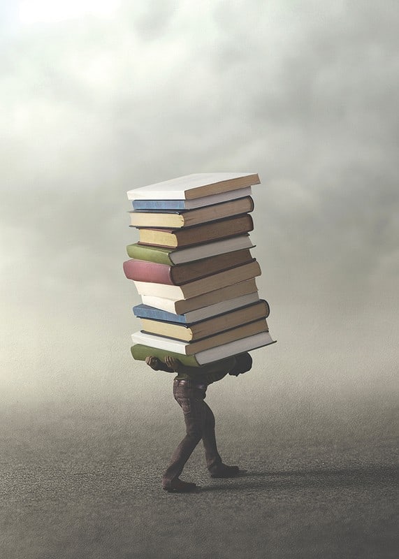 Surreal illustration of person carrying pile of books-12
