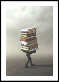 Surreal illustration of person carrying pile of books-0