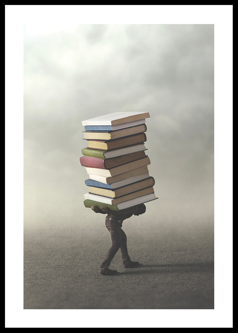 Surreal illustration of person carrying pile of books-12