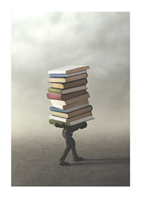 Surreal illustration of person carrying pile of books-1