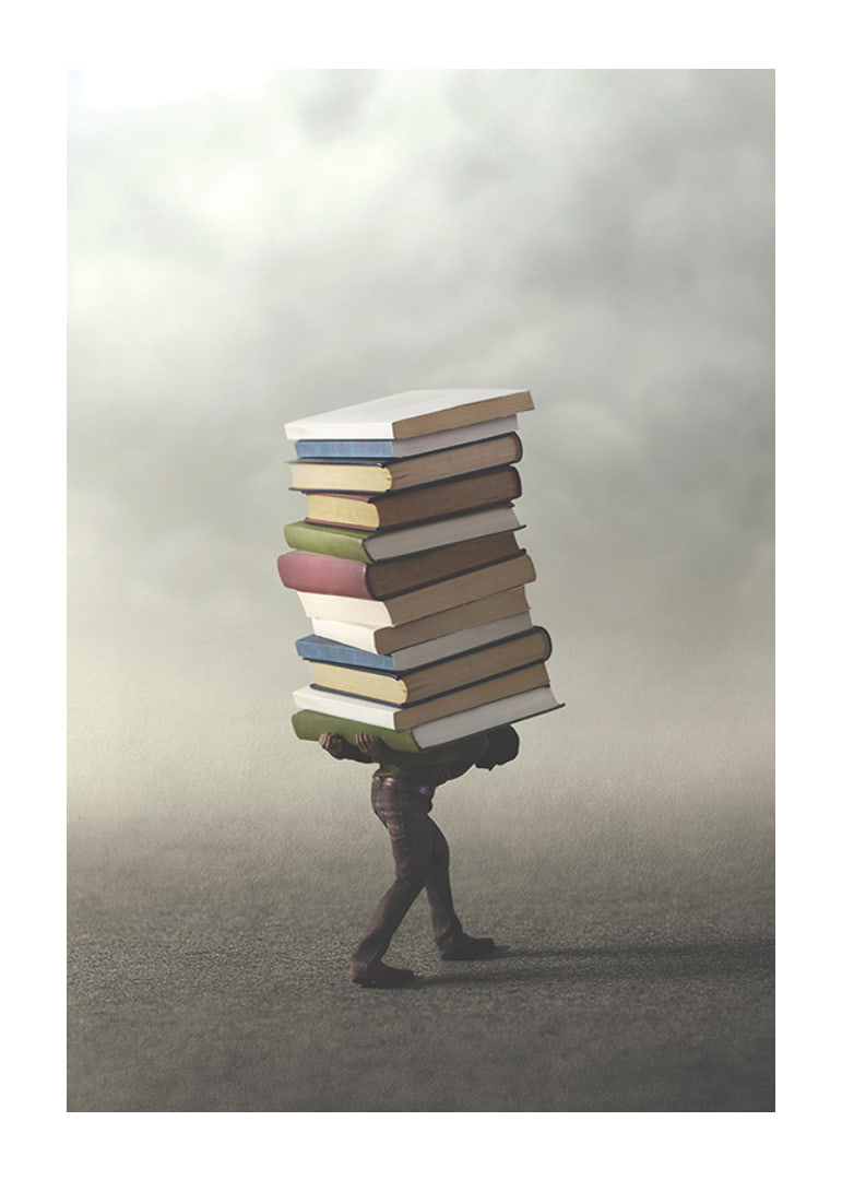 Surreal illustration of person carrying pile of books-12