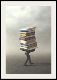 Surreal illustration of person carrying pile of books-2