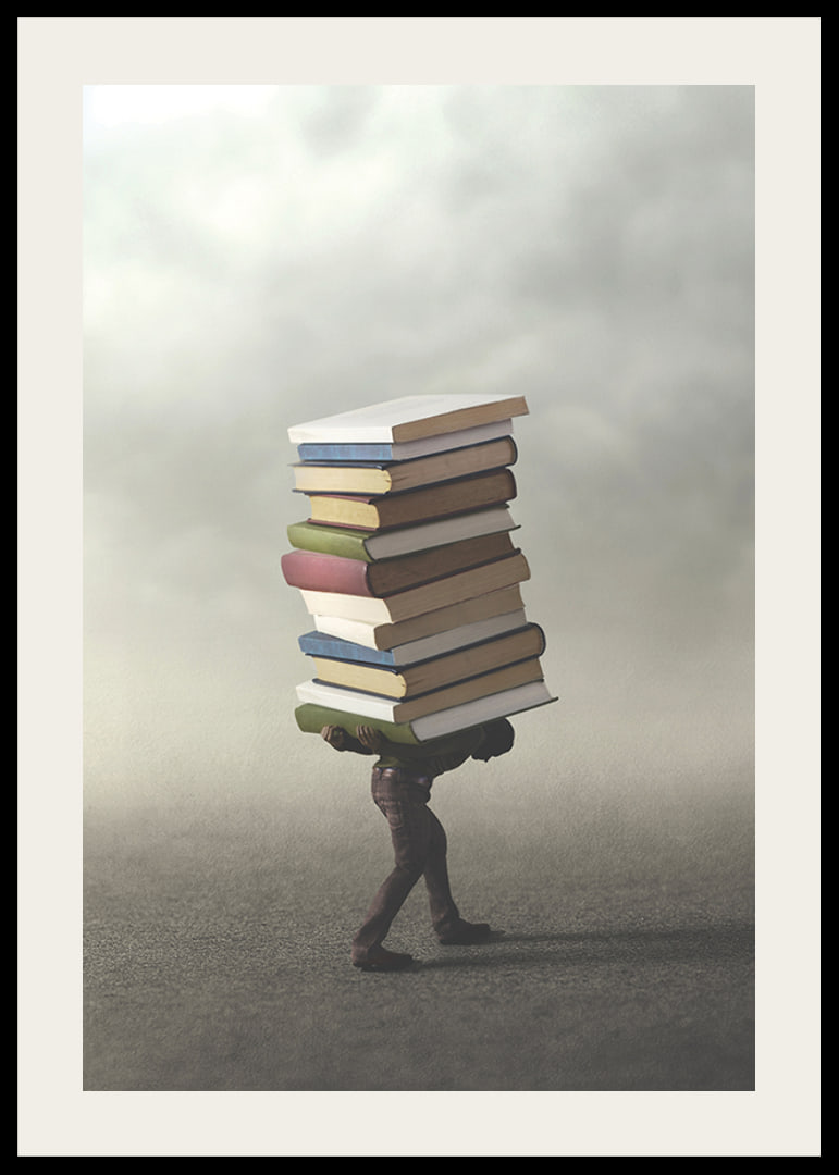 Surreal illustration of person carrying pile of books-12