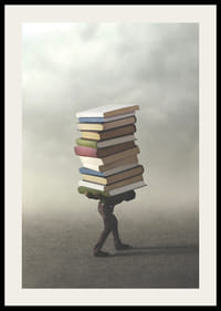 Surrealistisk illustration av person som bär hög med böcker-2