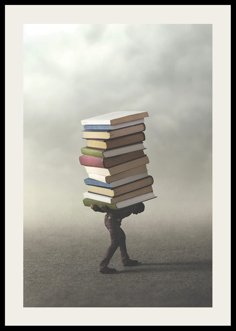 Surrealistisk illustration av person som bär hög med böcker-12